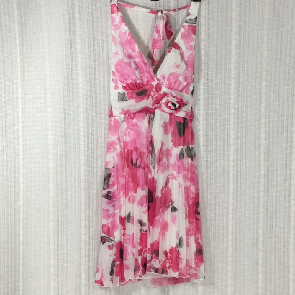 Y2K Speechless Floral Pleated Halter Dress, Pink/White/Grey - S